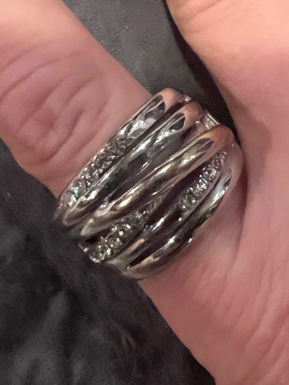 Polished Silver-tone Multi-Band Ring with Crystal Rows